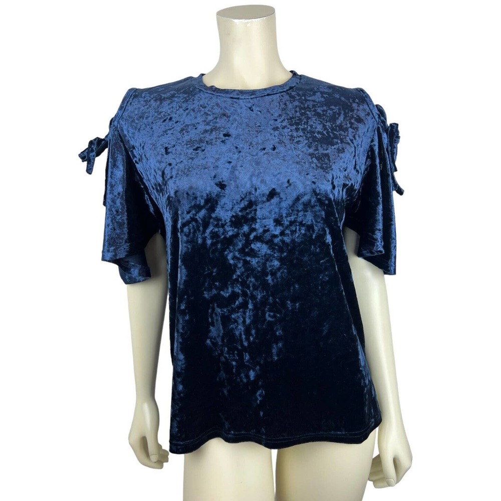 Vanessa Scott Blue Velvet Cold Shoulder Top S Tie Sleeve Open Shoulder Small